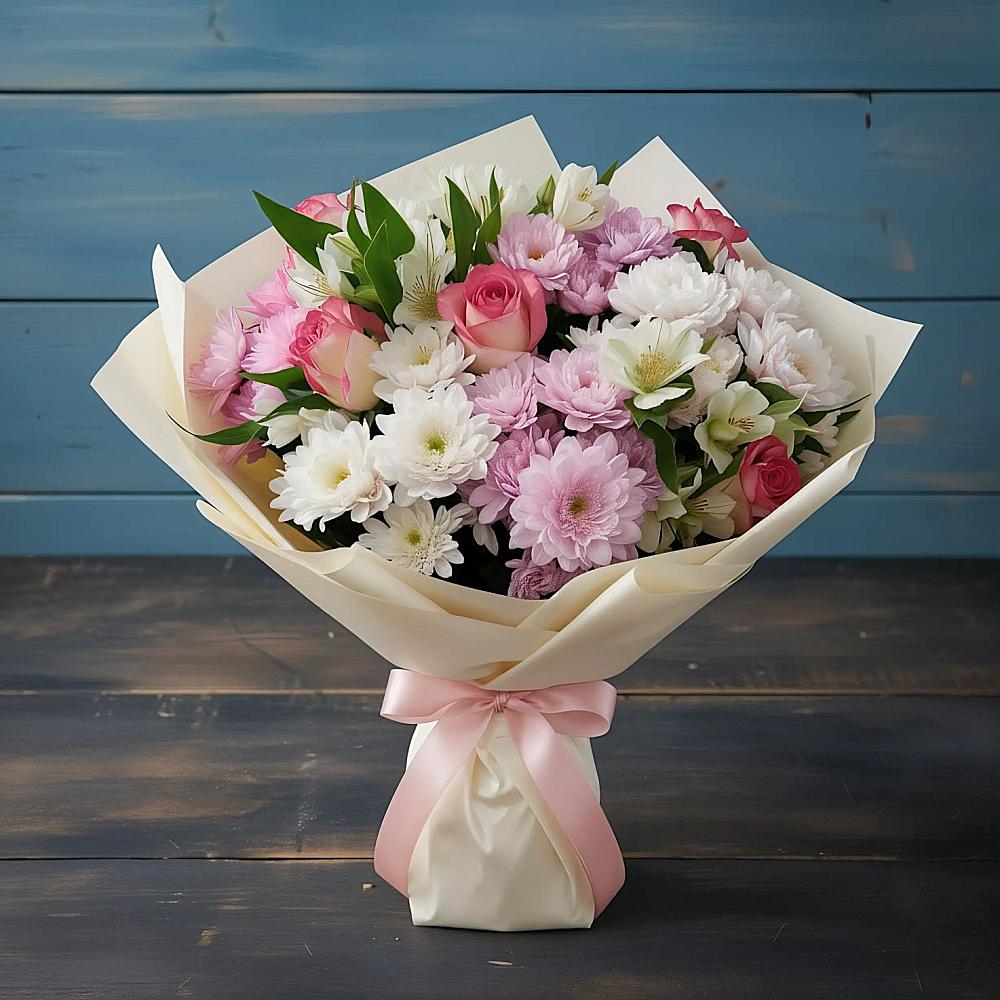 Букет Розовое очарование в Батырево Букет цветов из: Хризантемы, Альстромерии и Розы в Батырево